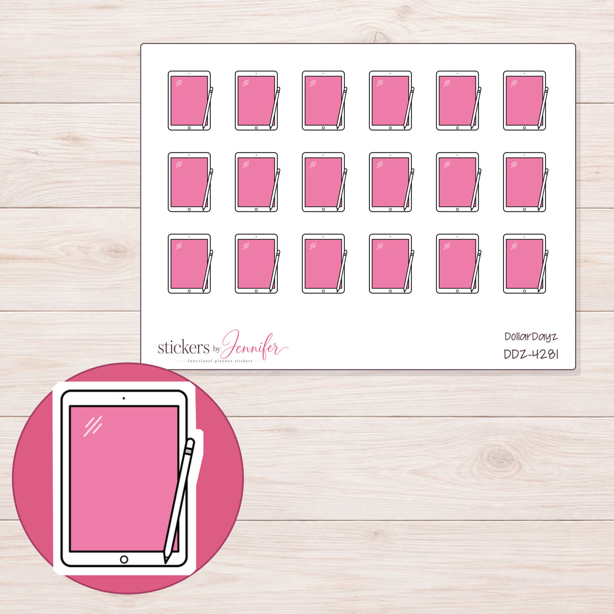 Pink Tablet and Stylus Planner Stickers | DDZ-4281 — 4 × 3 inch sheet and enlarged sticker detail