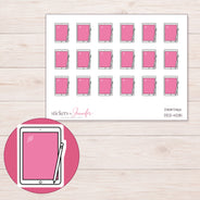 Pink Tablet and Stylus Planner Stickers | DDZ-4281 — 4 × 3 inch sheet and enlarged sticker detail