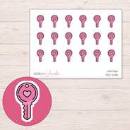 Pink Heart Key Planner Stickers | DDZ-4284 — 4 × 3 inch sheet and enlarged sticker detail