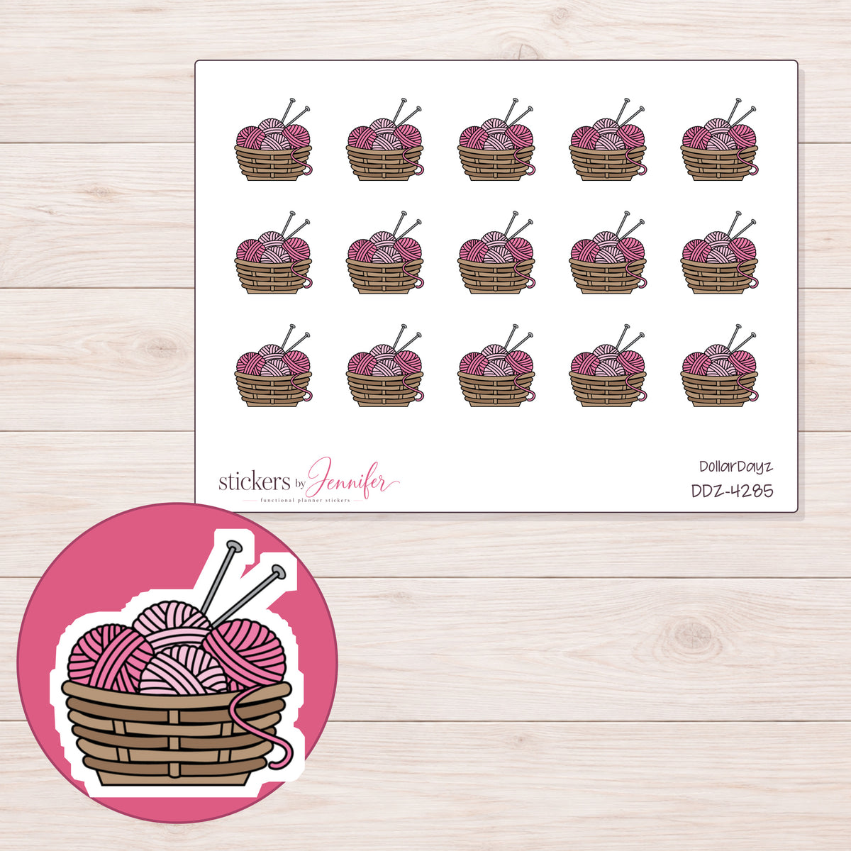 Pink Yarn Basket Planner Stickers | DDZ-4285 — 4 × 3 inch sheet and enlarged sticker detail