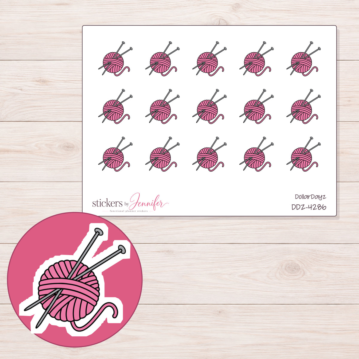 Pink Yarn Ball and Needles Planner Stickers | DDZ-4286 — 4 × 3 inch sheet and enlarged sticker detail