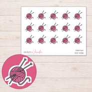 Pink Yarn Ball and Needles Planner Stickers | DDZ-4286 — 4 × 3 inch sheet and enlarged sticker detail
