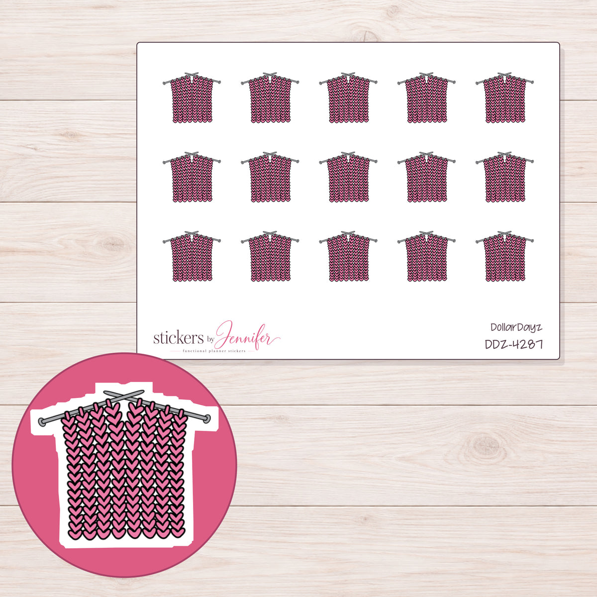 Pink Knitting Project Planner Stickers | DDZ-4287 — 4 × 3 inch sheet and enlarged sticker detail
