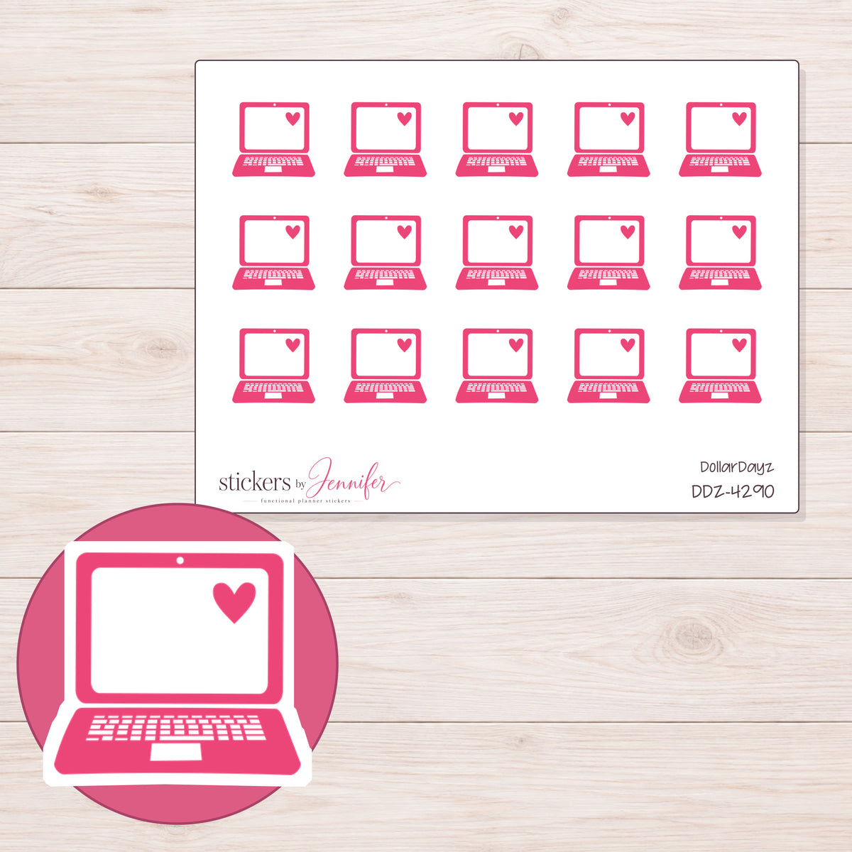 Pink Heart Laptop Planner Stickers | DDZ-4290 — 4 × 3 inch sheet and enlarged sticker detail