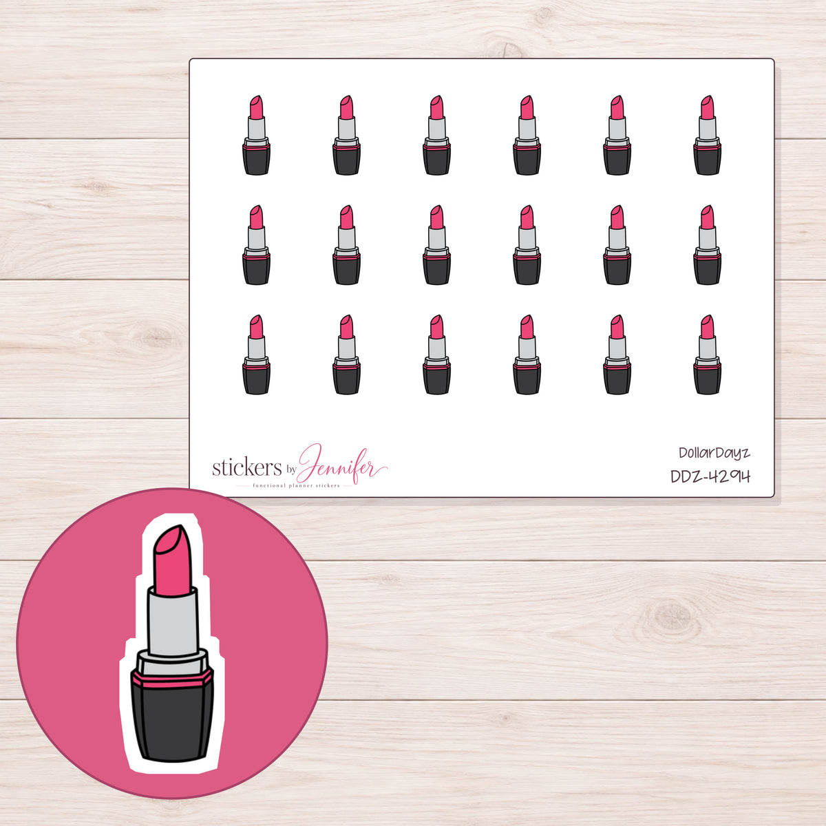 Pink Lipstick Planner Stickers | DDZ-4294 — 4 × 3 inch sheet and enlarged sticker detail
