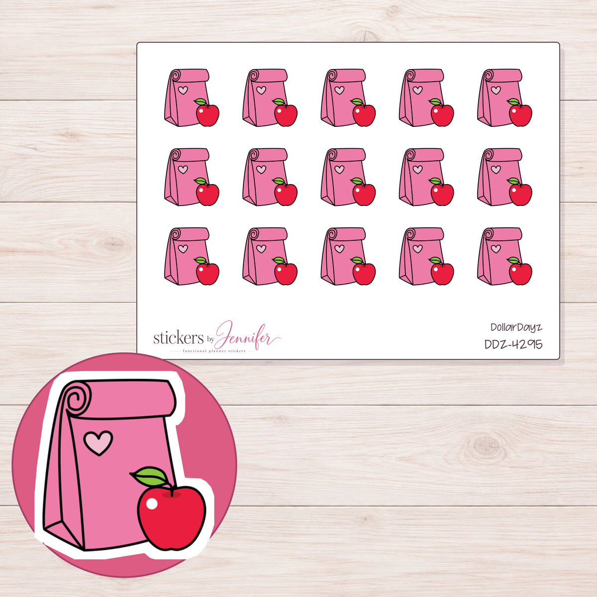 Pink Lunch Bag and Apple Planner Stickers | DDZ-4295 — 4 × 3 inch sheet and enlarged sticker detail