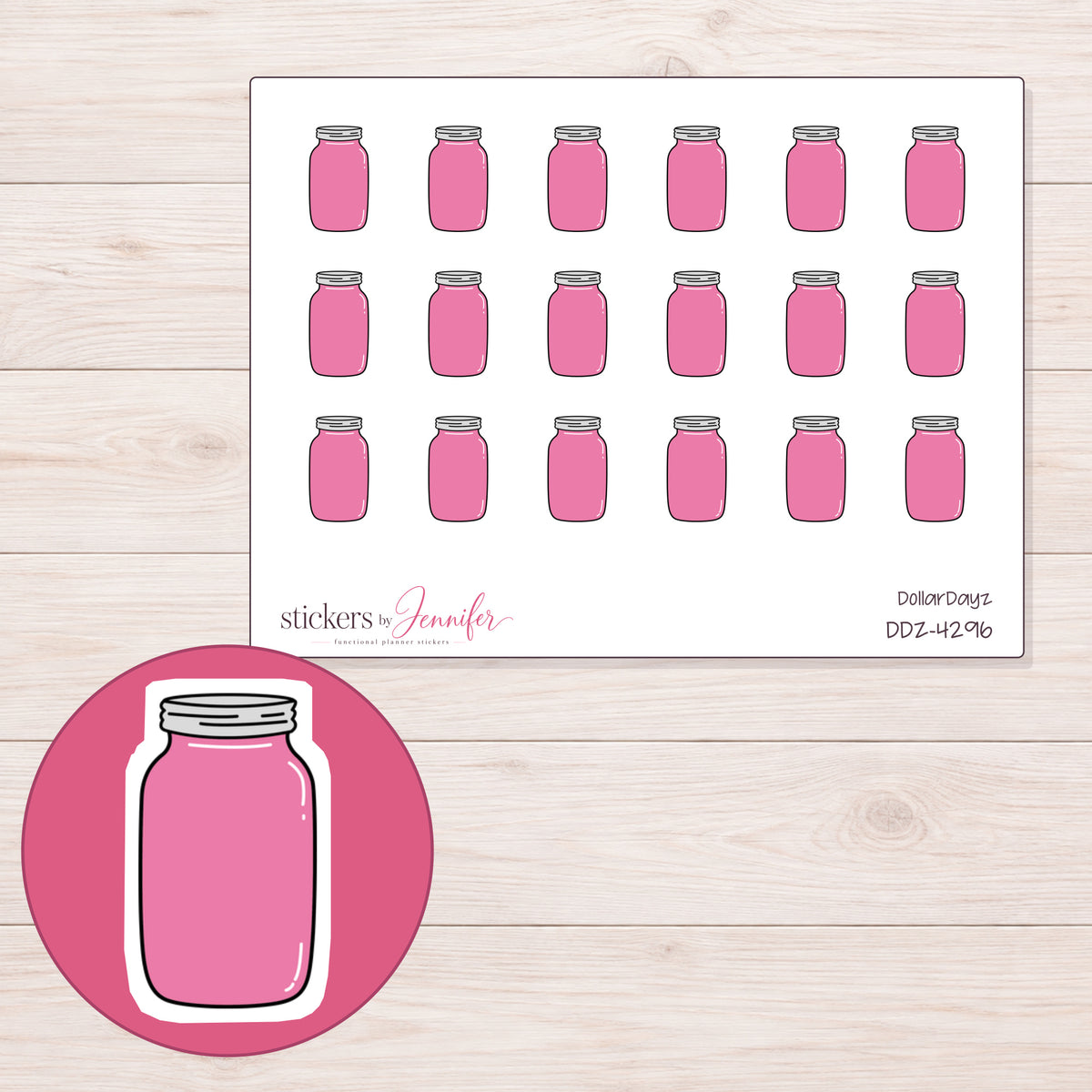 Pink Mason Jar Planner Stickers | DDZ-4296 — 4 × 3 inch sheet and enlarged sticker detail