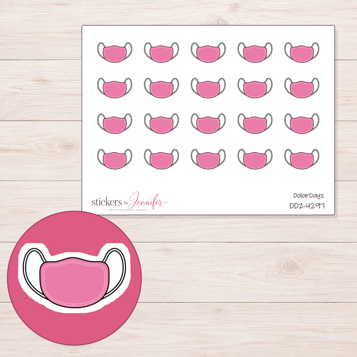 Pink Face Mask Planner Stickers | DDZ-4297 — 4 × 3 inch sheet and enlarged sticker detail
