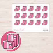Pink Parcel Boxes Planner Stickers | DDZ-4299 — 4 × 3 inch sheet and enlarged sticker detail