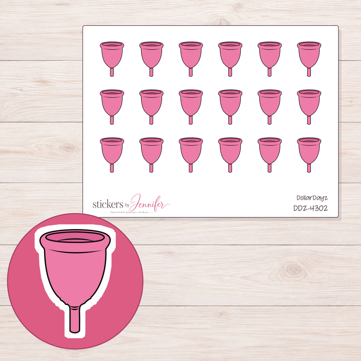 Pink Menstrual Cup Planner Stickers | DDZ-4302 — 4 × 3 inch sheet and enlarged sticker detail
