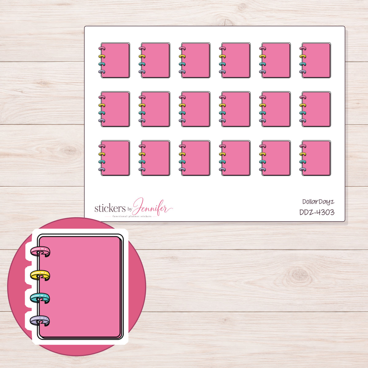 Pink Mini Disc Notebook Planner Stickers | DDZ-4303 — 4 × 3 inch sheet and enlarged sticker detail