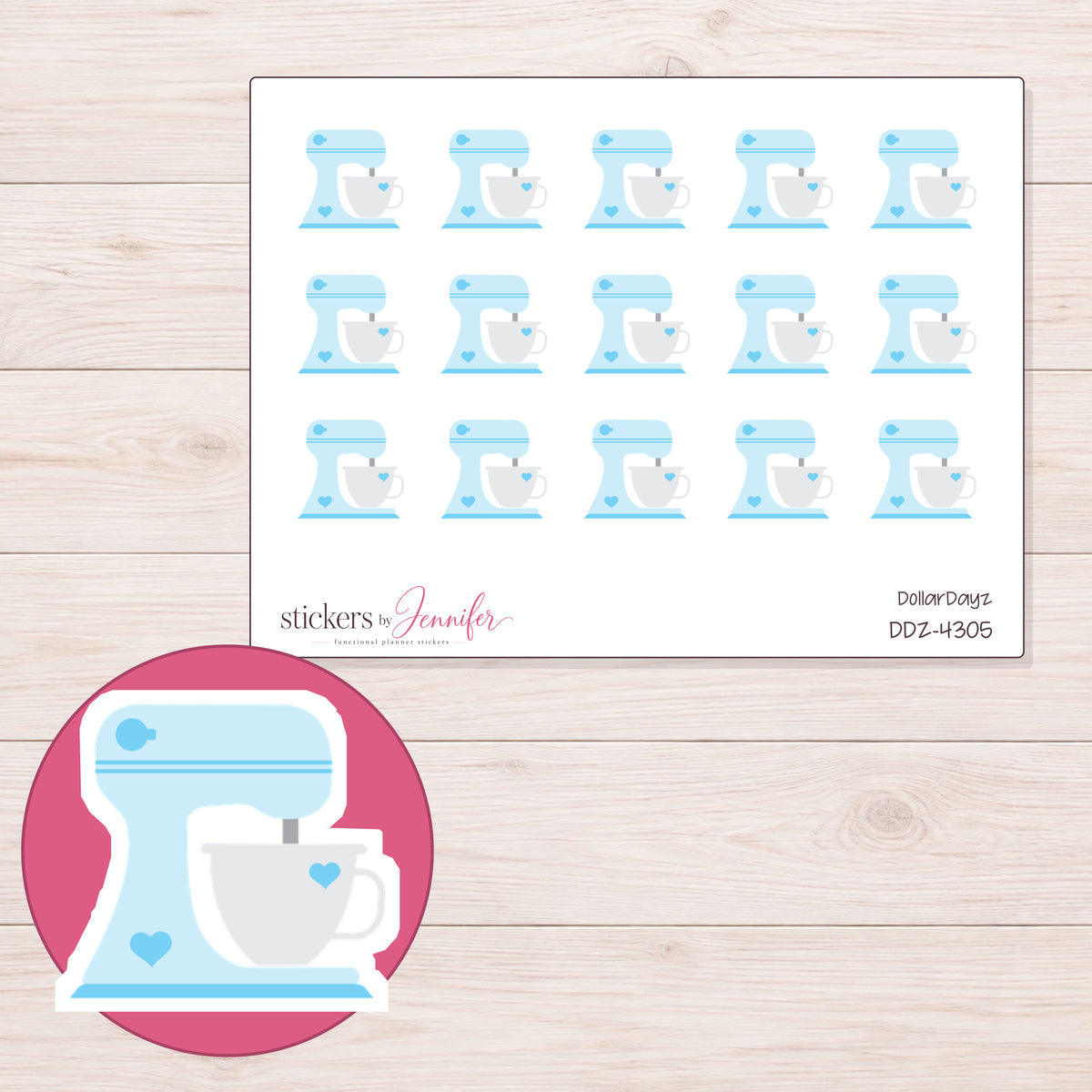 Pale Blue Heart Stand Mixer Planner Stickers | DDZ-4305 — 4 × 3 inch sheet and enlarged sticker detail