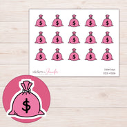 Pink Money Bag Planner Stickers | DDZ-4306 — 4 × 3 inch sheet and enlarged sticker detail