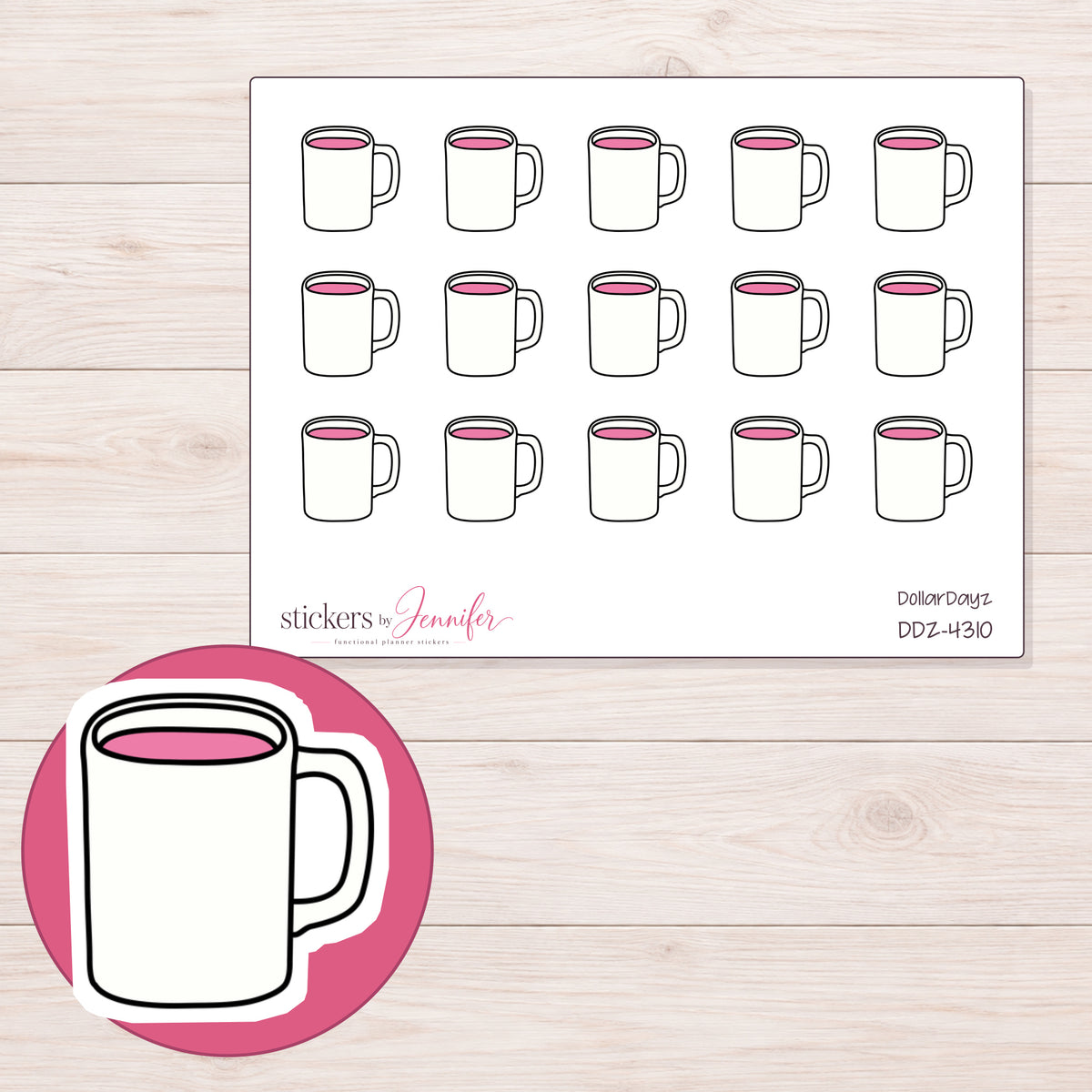 White Mug with Pink Interior Planner Stickers | DDZ-4310 — 4 × 3 inch sheet and enlarged sticker detail
