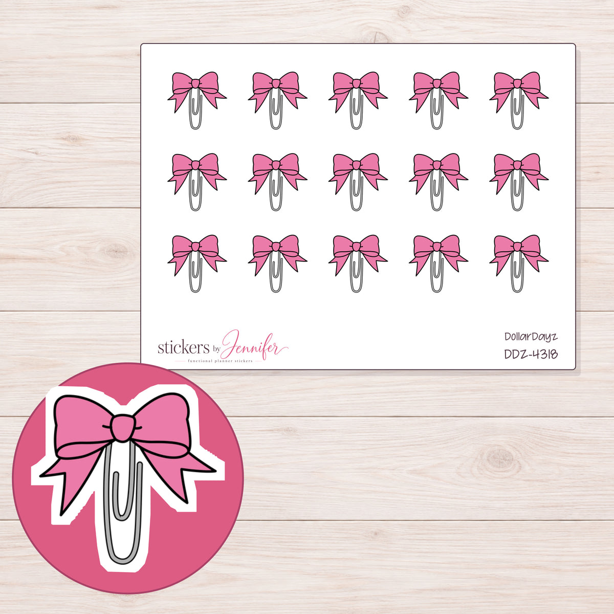 Pink Bow Paper Clip Planner Stickers | DDZ-4318 — 4 × 3 inch sheet and enlarged sticker detail