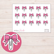 Pink Bow Paper Clip Planner Stickers | DDZ-4318 — 4 × 3 inch sheet and enlarged sticker detail