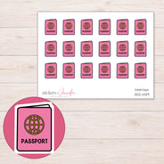 Pink Passport Planner Stickers | DDZ-4319 — 4 × 3 inch sheet and enlarged sticker detail