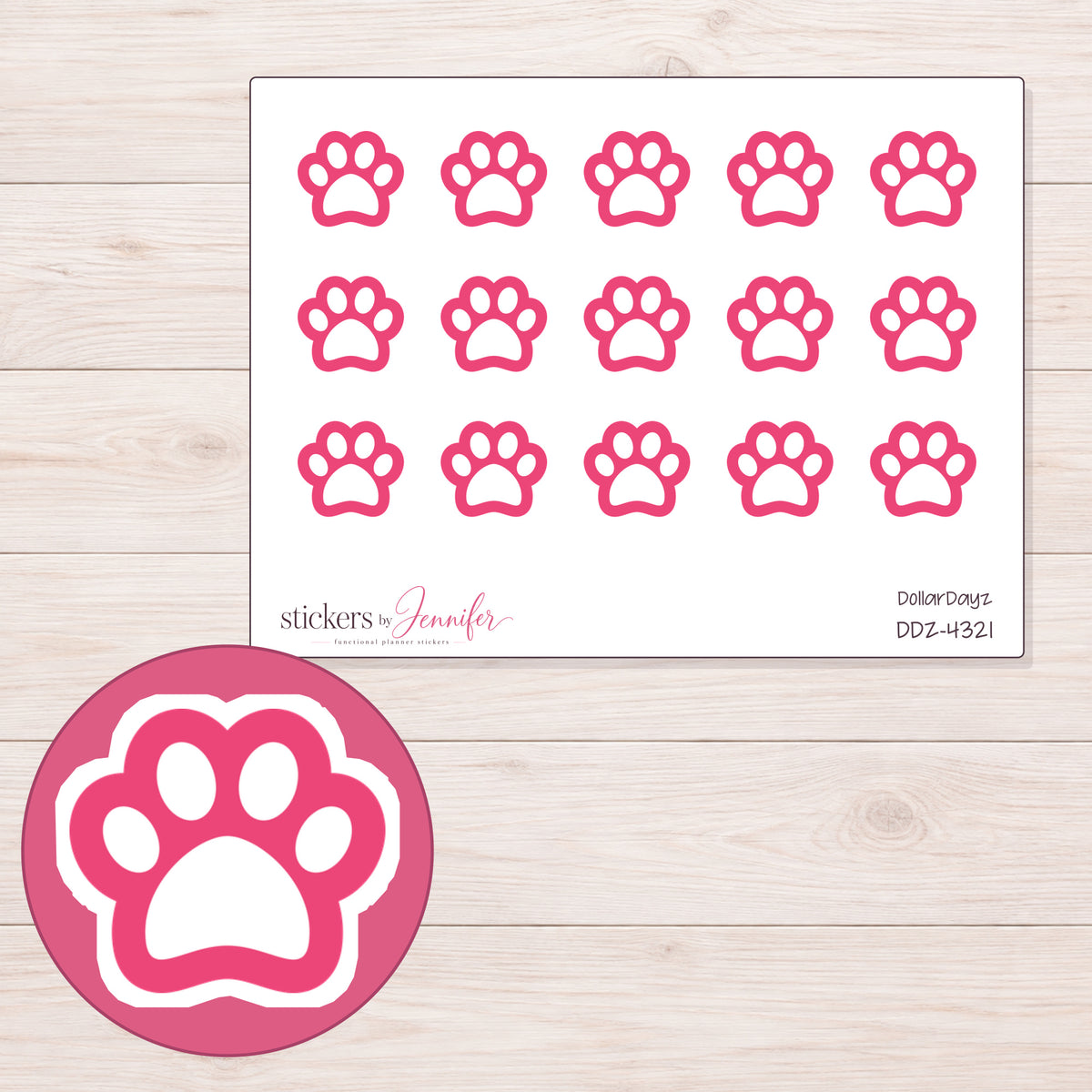 Pink Outline Paw Print Planner Stickers | DDZ-4321 — 4 × 3 inch sheet and enlarged sticker detail