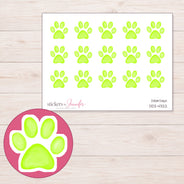 Lime Green Paw Print Planner Stickers | DDZ-4322 — 4 × 3 inch sheet and enlarged sticker detail