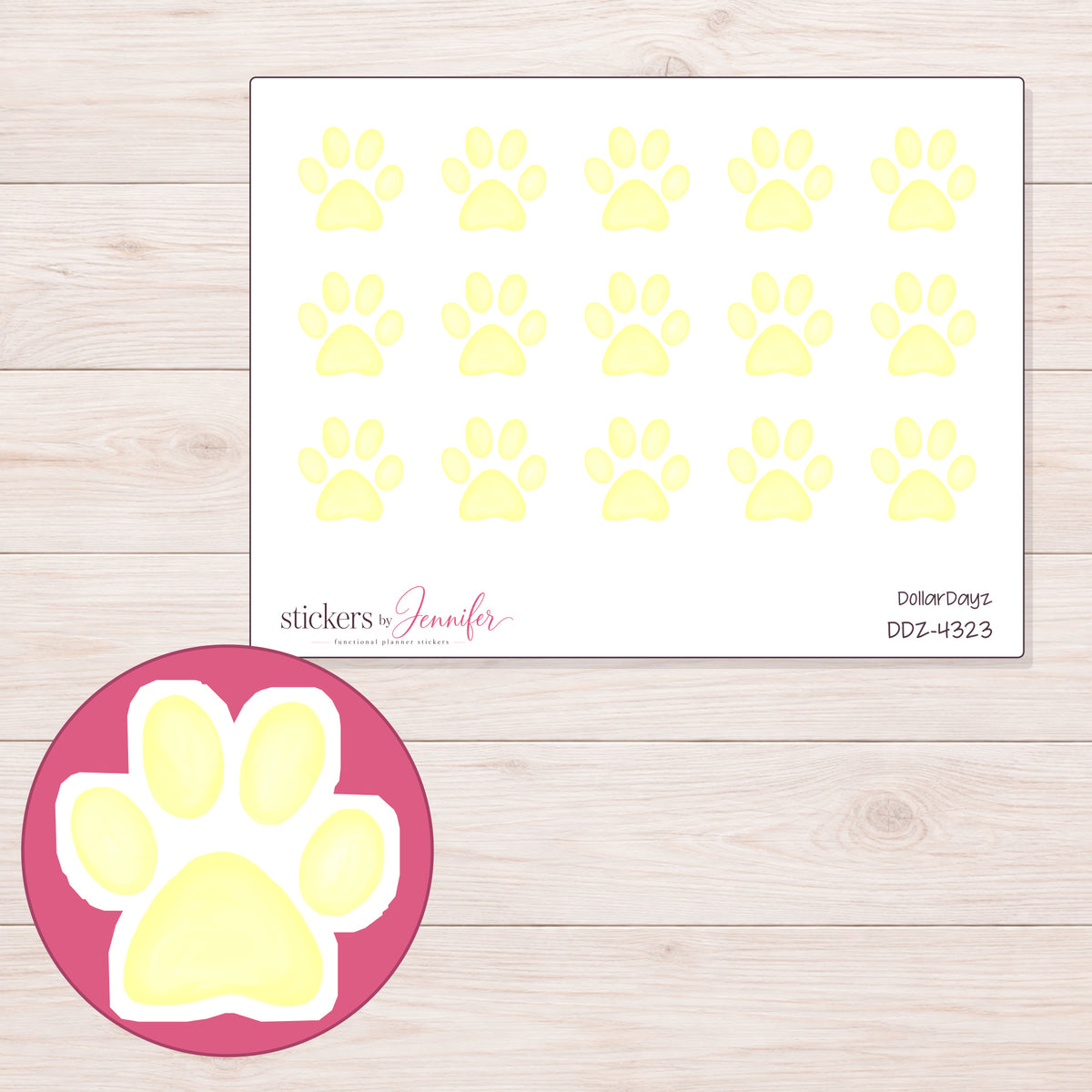 Pale Yellow Paw Print Planner Stickers | DDZ-4323 — 4 × 3 inch sheet and enlarged sticker detail
