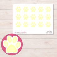 Pale Yellow Paw Print Planner Stickers | DDZ-4323 — 4 × 3 inch sheet and enlarged sticker detail