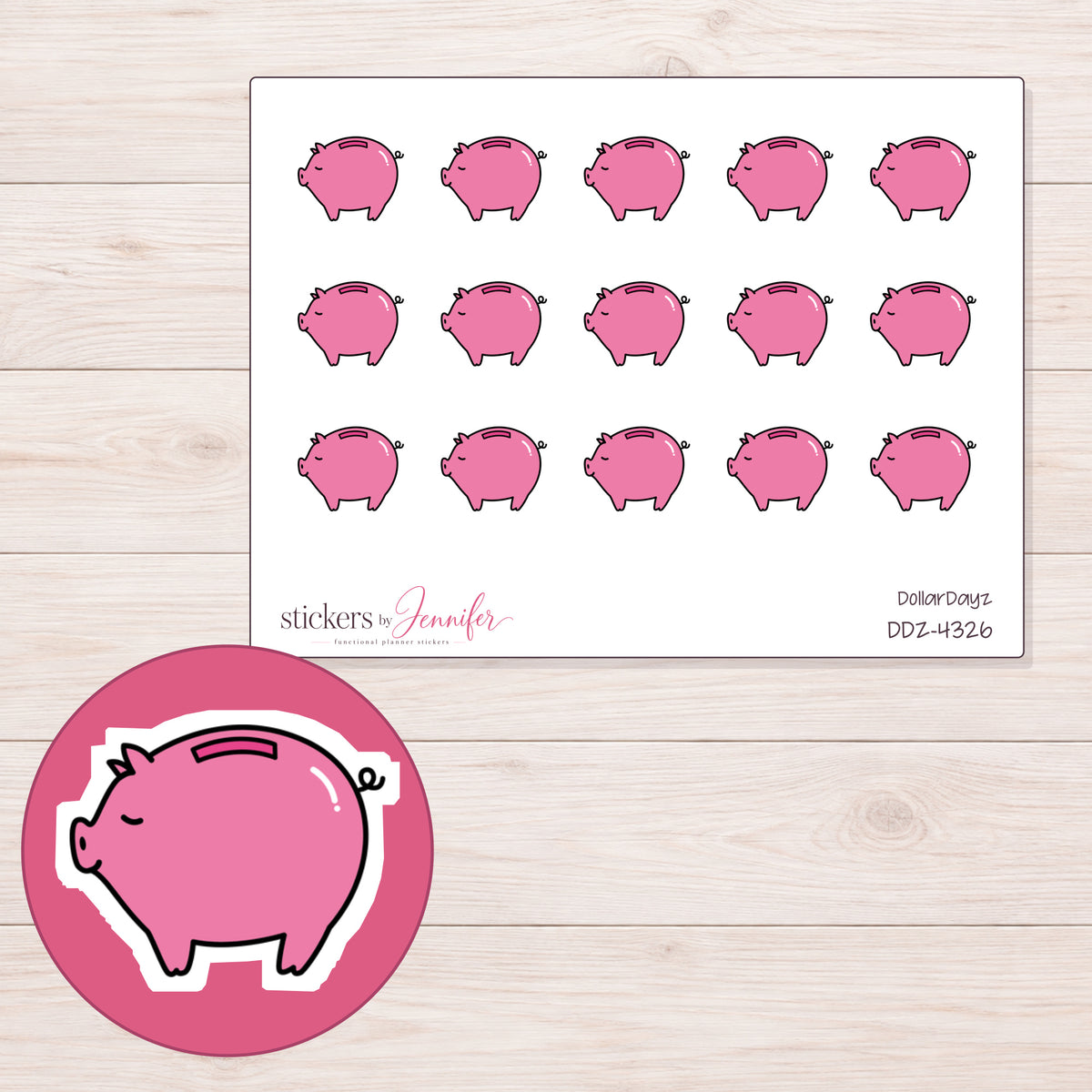 Pink Piggy Bank Planner Stickers | DDZ-4326 — 4 × 3 inch sheet and enlarged sticker detail