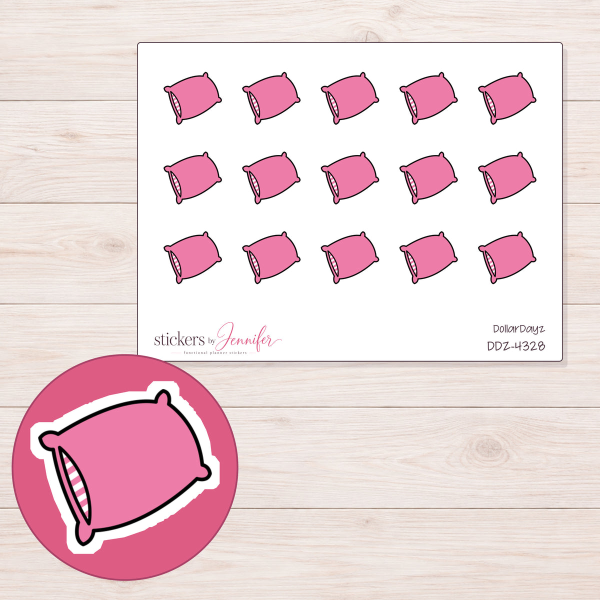 Pink Pillow Planner Stickers | DDZ-4328 — 4 × 3 inch sheet and enlarged sticker detail