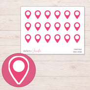 Pink Location Pin Planner Stickers | DDZ-4330 — 4 × 3 inch sheet and enlarged sticker detail