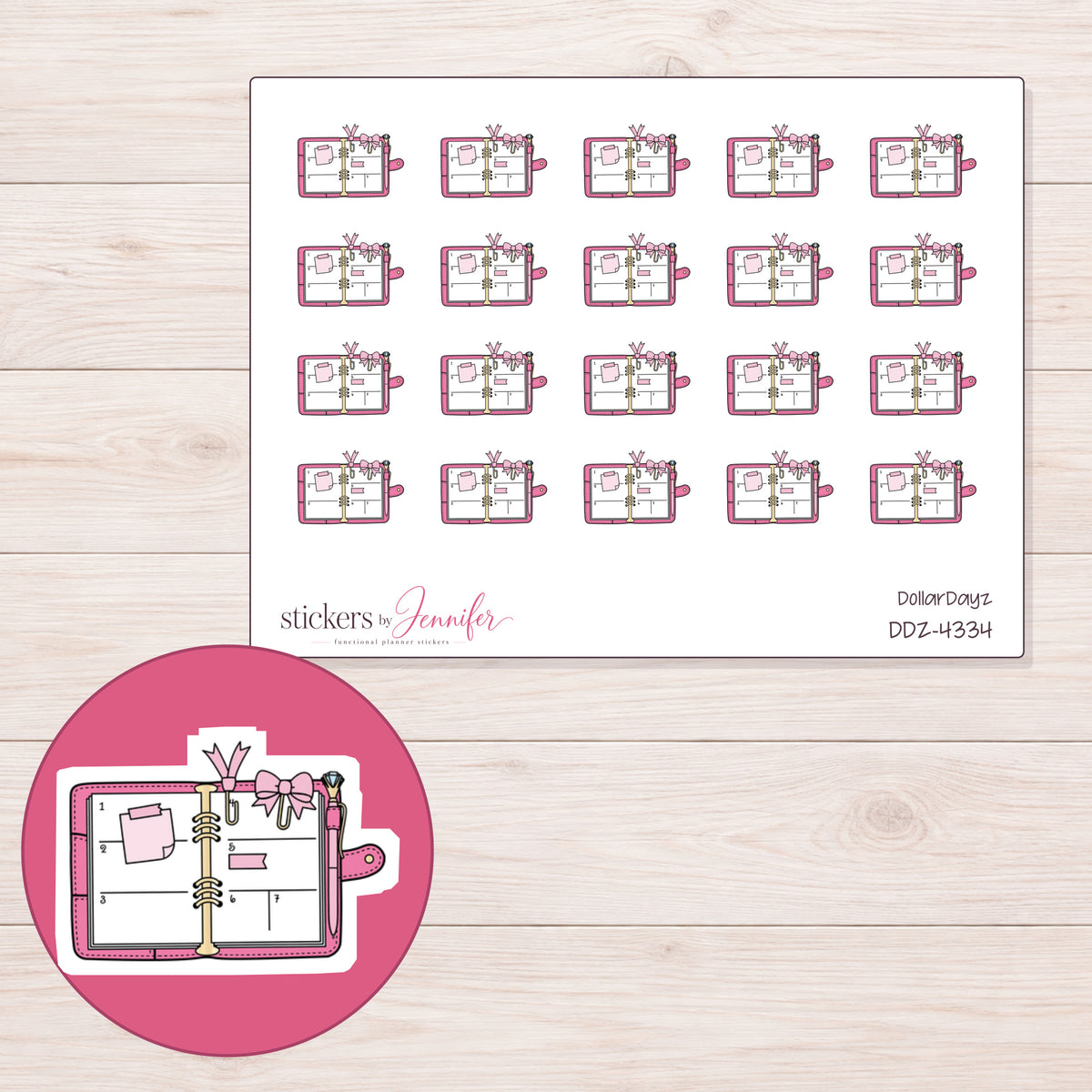 Decorated Open Pink Planner Stickers | DDZ-4334 — 4 × 3 inch sheet and enlarged sticker detail