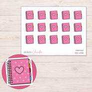 Pink Polka Dot Heart Planner Stickers | DDZ-4335 — 4 × 3 inch sheet and enlarged sticker detail