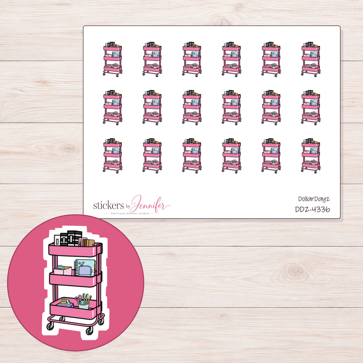 Pink Planner Supply Cart Planner Stickers | DDZ-4336 — 4 × 3 inch sheet and enlarged sticker detail