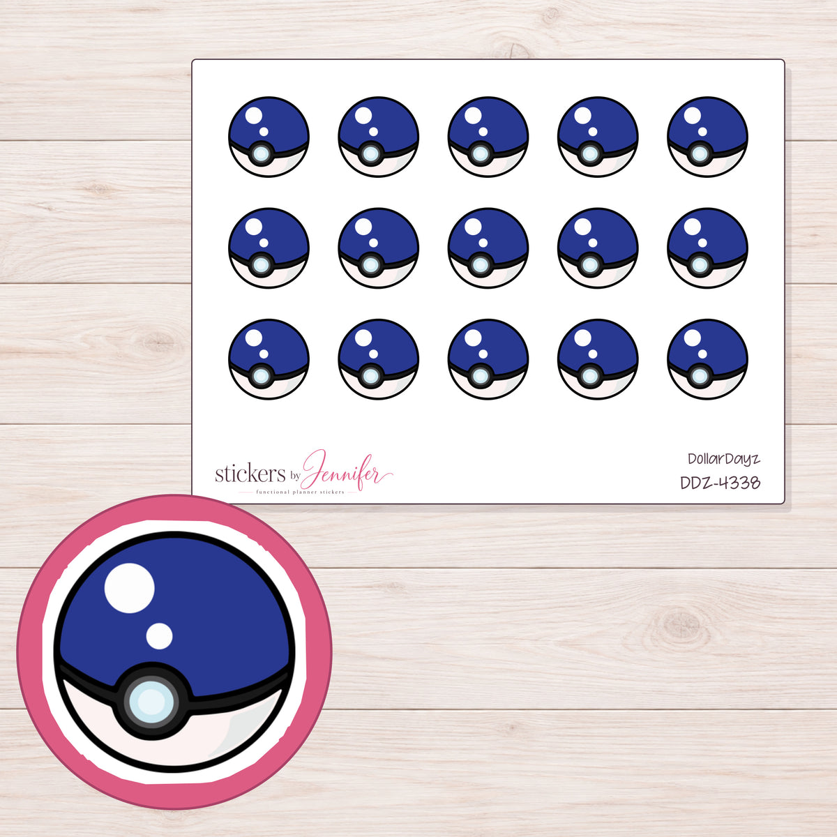 Blue Capture Ball Planner Stickers | DDZ-4338 — 4 × 3 inch sheet and enlarged sticker detail