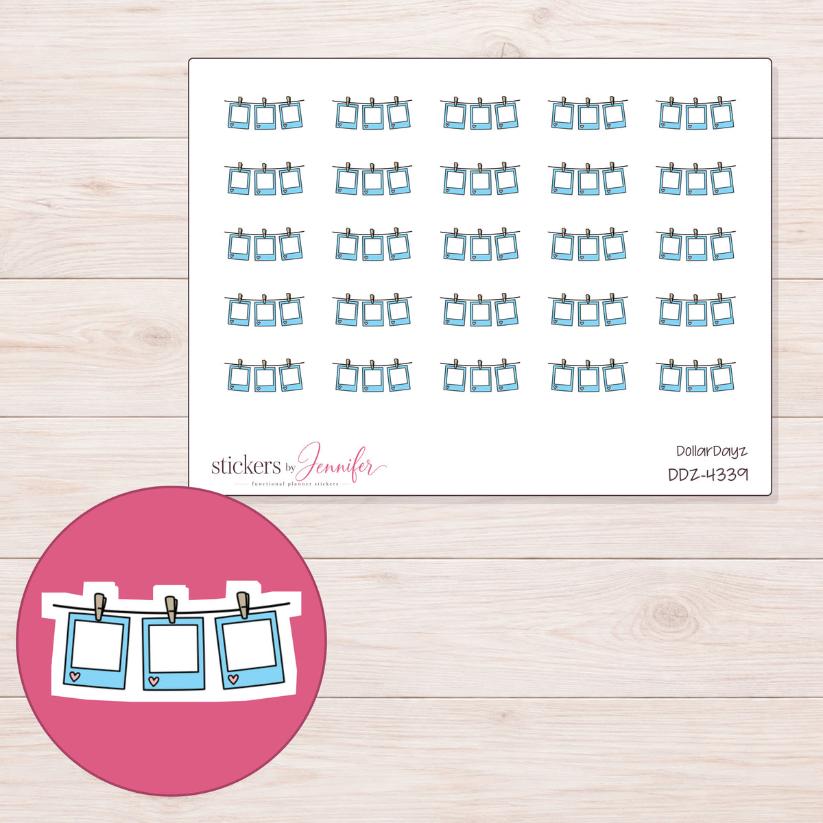 Blue Hanging Photo Frames Planner Stickers | DDZ-4339 — 4 × 3 inch sheet and enlarged sticker detail