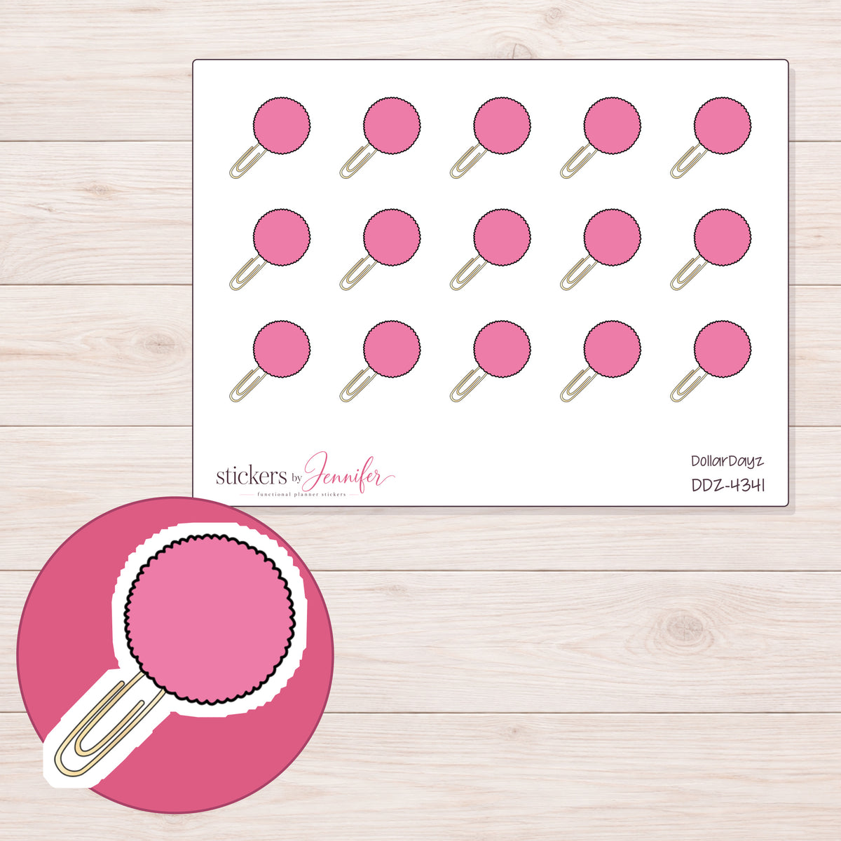 Pink Pom Pom Paper Clip Planner Stickers | DDZ-4341 — 4 × 3 inch sheet and enlarged sticker detail
