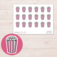 Pink Striped Popcorn Tub Planner Stickers | DDZ-4342 — 4 × 3 inch sheet and enlarged sticker detail