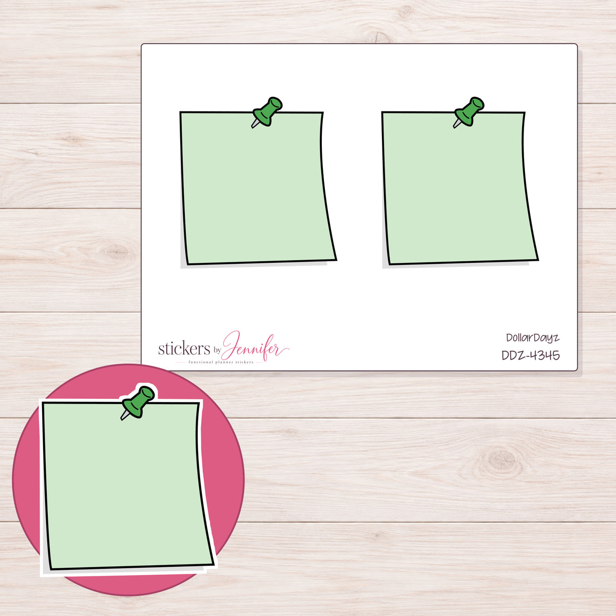 Green Pushpin Note Planner Stickers | DDZ-4345 — 4 × 3 inch sheet and enlarged sticker detail