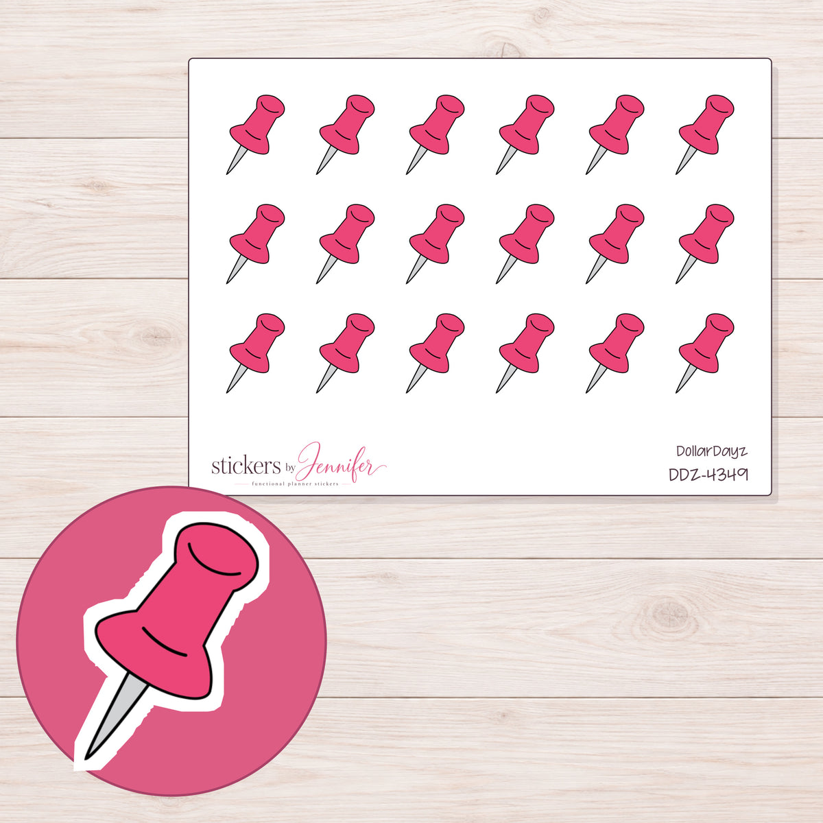 Pink Push Pin Planner Stickers | DDZ-4349 — 4 × 3 inch sheet and enlarged sticker detail