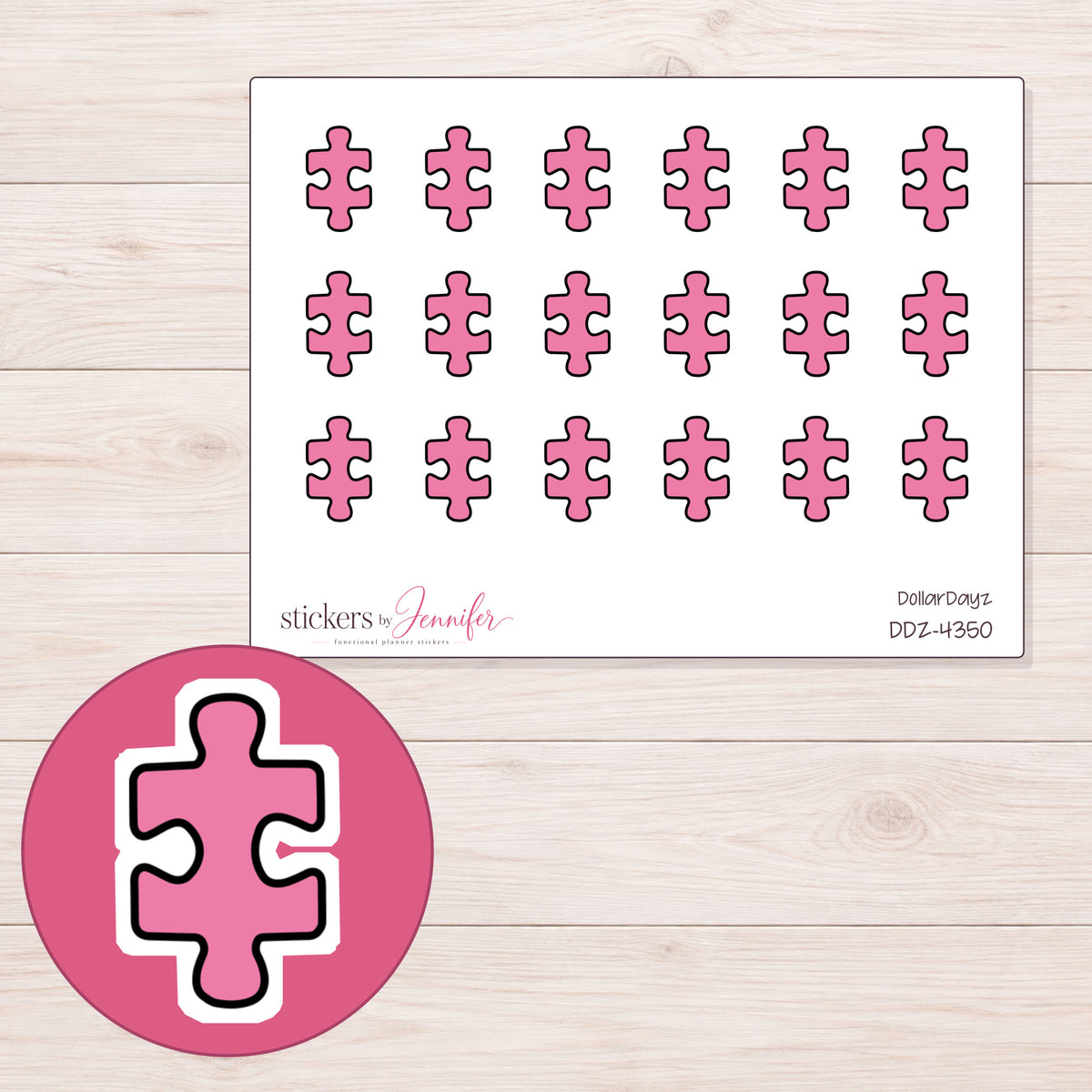 Pink Puzzle Piece Planner Stickers | DDZ-4350 — 4 × 3 inch sheet and enlarged sticker detail