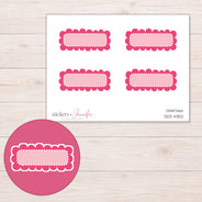 Pink Scallop Dot Quarter Box Planner Stickers | DDZ-4352 — 4 × 3 inch sheet and enlarged sticker detail