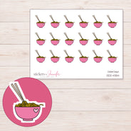 Pink Heart Ramen Bowl Planner Stickers | DDZ-4354 — 4 × 3 inch sheet and enlarged sticker detail