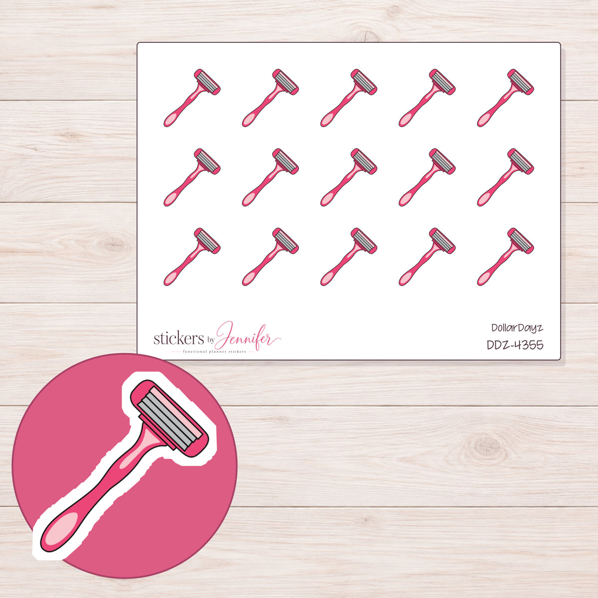 Pink Razor Planner Stickers | DDZ-4355 — 4 × 3 inch sheet and enlarged sticker detail