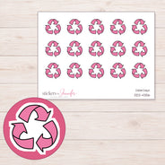 Pink Recycling Symbol Planner Stickers | DDZ-4356 — 4 × 3 inch sheet and enlarged sticker detail