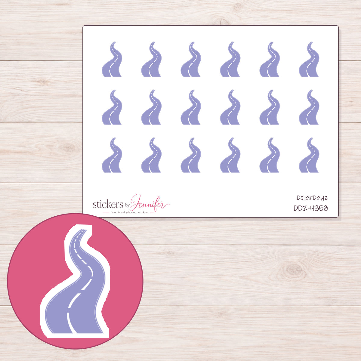 Lavender Winding Road Planner Stickers | DDZ-4358 — 4 × 3 inch sheet and enlarged sticker detail