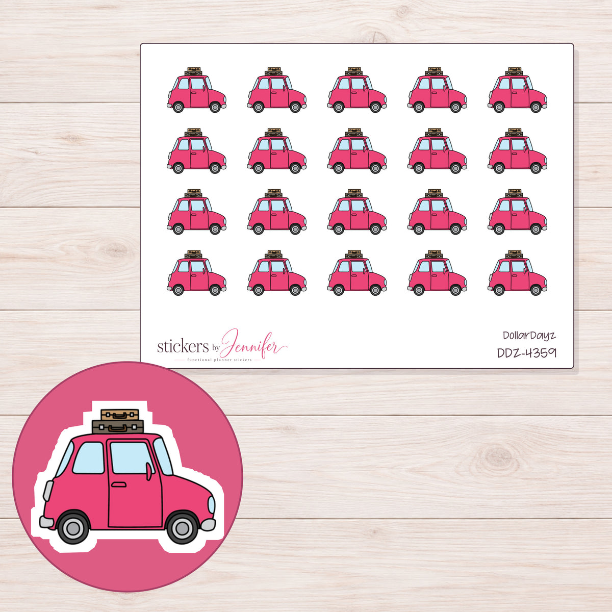 Pink Car with Luggage Planner Stickers | DDZ-4359 — 4 × 3 inch sheet and enlarged sticker detail