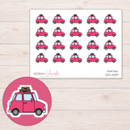 Pink Car with Luggage Planner Stickers | DDZ-4359 — 4 × 3 inch sheet and enlarged sticker detail