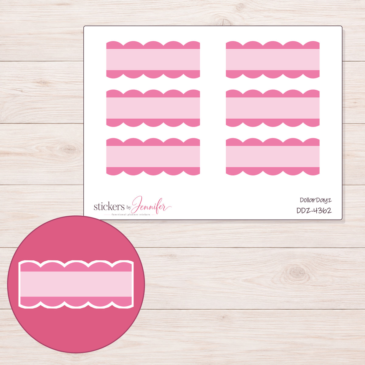 Pink Scallop Stripe Quarter Box Planner Stickers | DDZ-4362 — 4 × 3 inch sheet and enlarged sticker detail