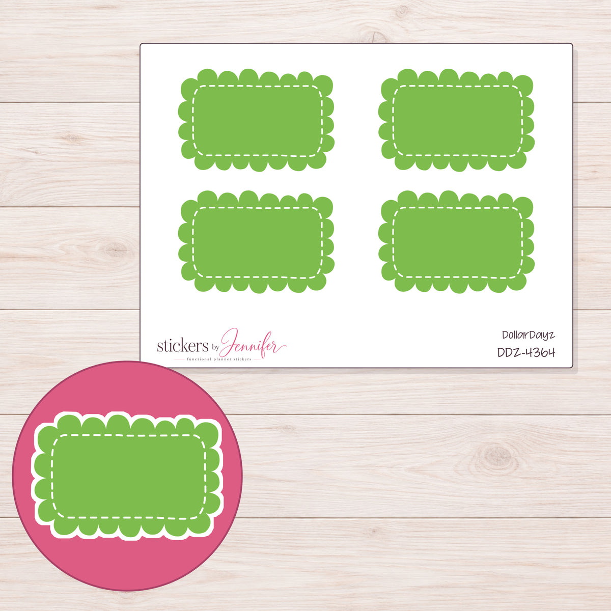 Green Scalloped Rectangle Label Planner Stickers | DDZ-4364 — 4 × 3 inch sheet and enlarged sticker detail