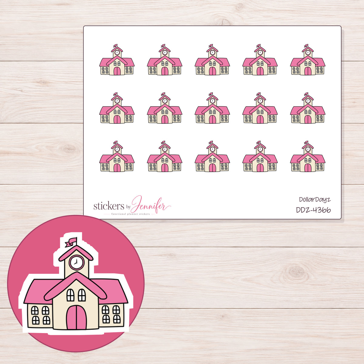 Pink School Building Planner Stickers | DDZ-4366 — 4 × 3 inch sheet and enlarged sticker detail