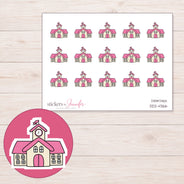 Pink School Building Planner Stickers | DDZ-4366 — 4 × 3 inch sheet and enlarged sticker detail