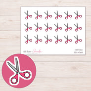 Pink Handle Scissors Planner Stickers | DDZ-4368 — 4 × 3 inch sheet and enlarged sticker detail